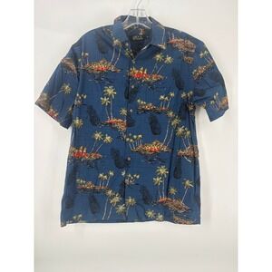 Boca Classics Men's Blue Tropical Island Pineapple Palm Tree Hawaiian Shirt Sz M